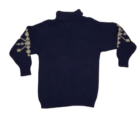 VINTAGE 90s navy blue sequined snowflake turtleneck hand loomed sweater M - Picture 3 of 9